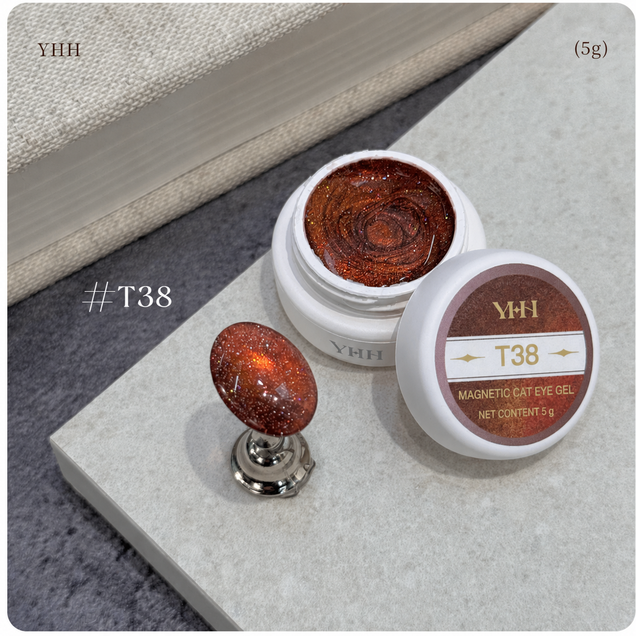 YHH T Series Magnetic Cat Eye Gel T38, 5 g pot with magnetic cat eye nail swatch