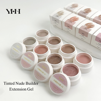 YHH Tinted Nude Builder Extension Gel 15g collection in 8 nude shades for structured overlays and nail extensions