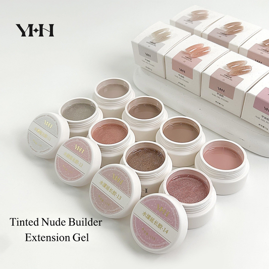 YHH Tinted Nude Builder Extension Gel 15g collection in 8 nude shades for structured overlays and nail extensions