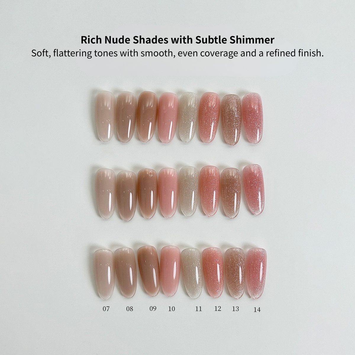 YHH Tinted Nude Builder Extension Gel shade chart featuring Shades 07 to 14 in natural nude tones
