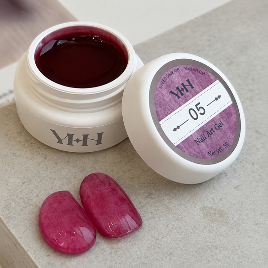 YHH velvet fiber texture nail gel shade #05 with deep berry-pink swatches