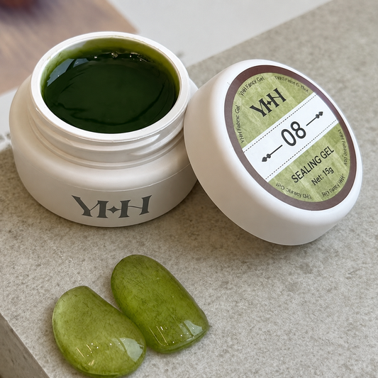 YHH velvet fiber texture nail gel shade #08 with olive-green swatches