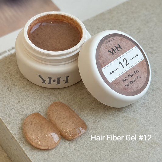YHH velvet fiber texture nail gel shade #12 with nude-apricot swatches