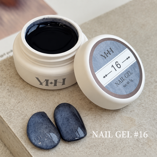 YHH velvet fiber texture nail gel shade #16 with slate-blue swatches