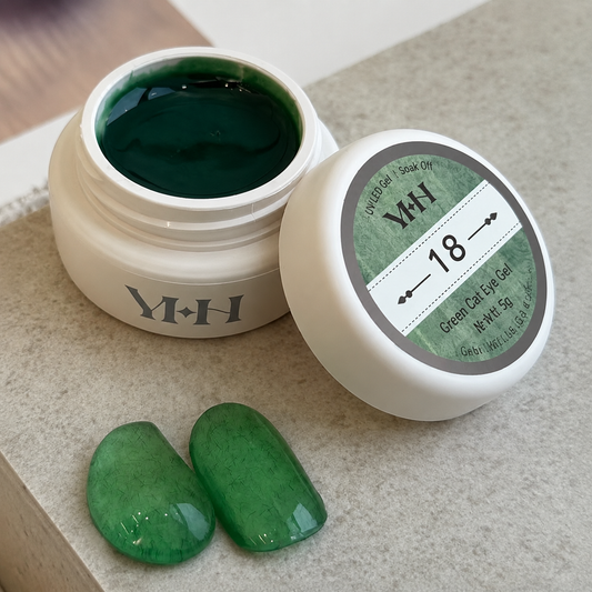 YHH velvet fiber texture nail gel shade #18 with emerald-green swatches
