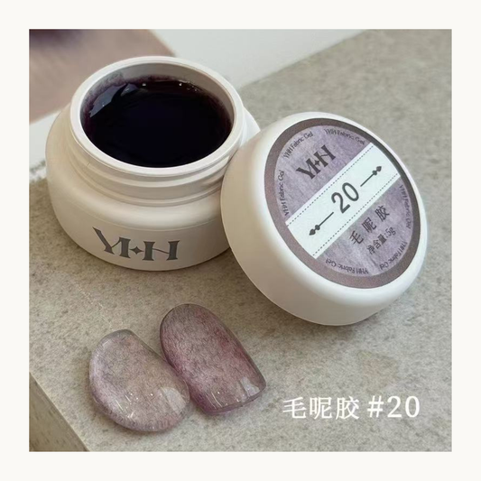 YHH deep mauve velvet-texture nail gel in an open jar with two swatches