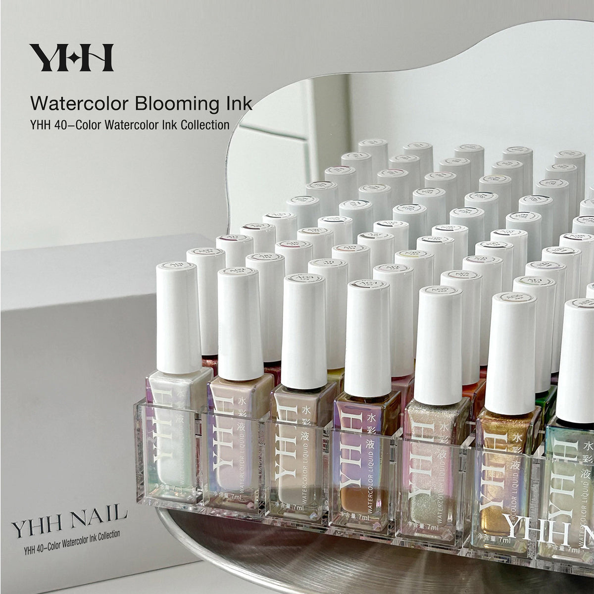 YHH watercolor blooming nail ink full collection set, 44 shades air dry water-based nail art blooming inks for smoke gradient nail design