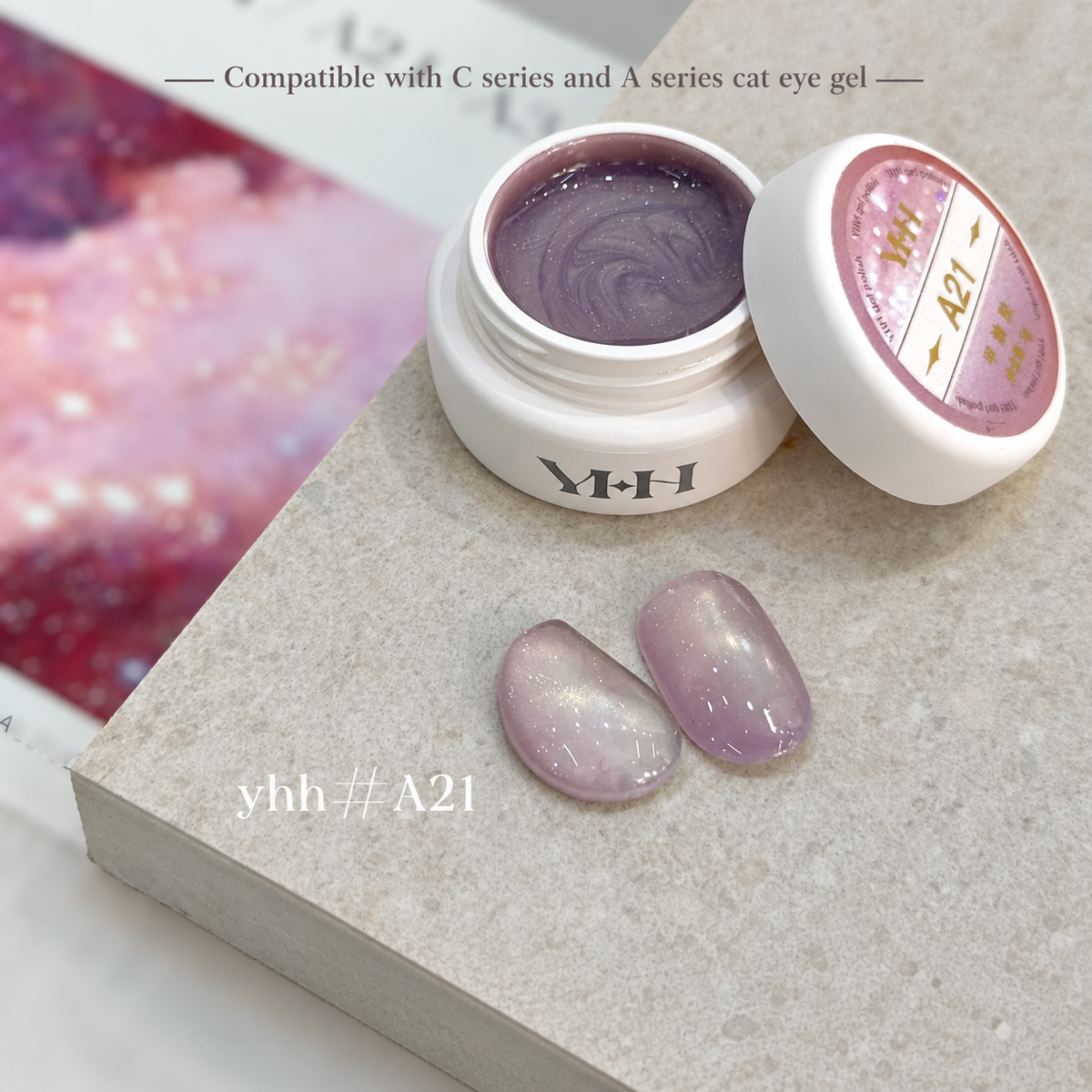 YHH Xinglan Opal Flake Cat Eye Gel 5 g, shade A21, shown in the jar with matching cat-eye swatches.