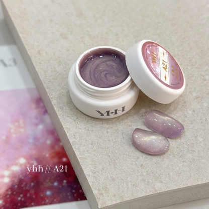 YHH Xinglan Opal Flake Cat Eye Gel 5 g, shade A21, shown in the jar with matching cat-eye swatches.