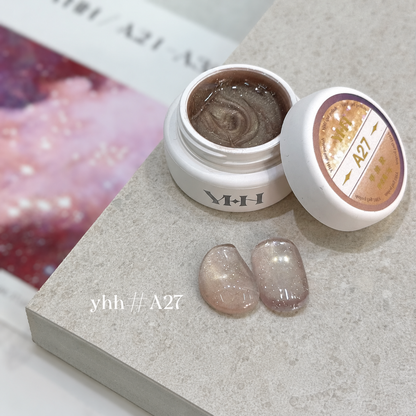 YHH Xinglan Opal Flake Cat Eye Gel 5 g, shade A27, shown in the jar with matching cat-eye swatches.