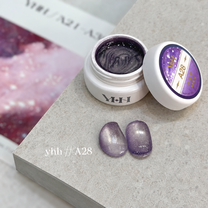 YHH Xinglan Opal Flake Cat Eye Gel 5 g, shade A28, shown in the jar with matching cat-eye swatches.