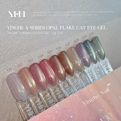 YHH Xinglan A21–A30 cat-eye gel color range showing all ten shades.