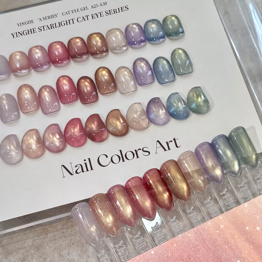 YHH Xinglan A21–A30 opal flake cat-eye gel swatches in a range of shades.