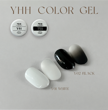 YHH Y01 white and Y02 black chrome-rubbable Tap Tap Gel pots with nail swatches