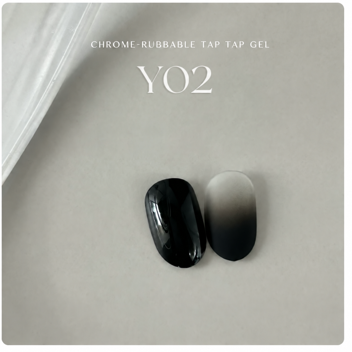 YHH Y02 black chrome-rubbable Tap Tap Gel 5g with glossy black and gradient nail swatches