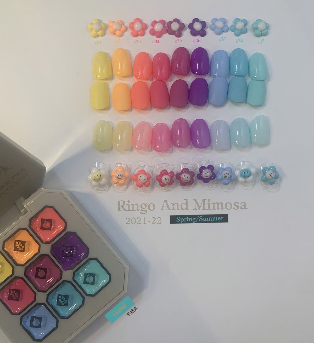 Gumi soft gel palette beside three rows of glossy color swatches