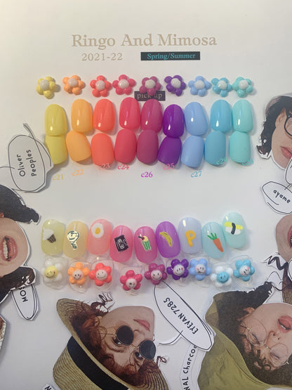 Gumi soft gel palette chart with colorful swatches, flower accents, and artwork