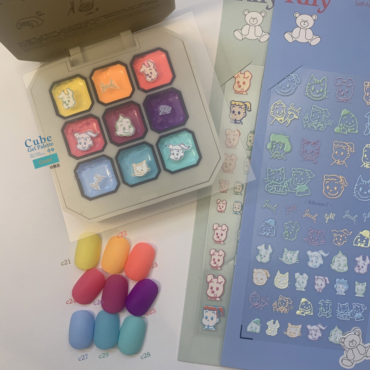 Gumi soft gel palette beside a character sticker sheet and sample tips