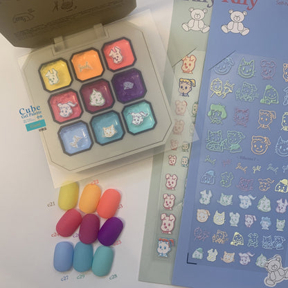 Gumi soft gel palette beside a character sticker sheet and sample tips