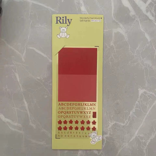 Yellow nail sticker package with red alphabet and flower sticker sheet
