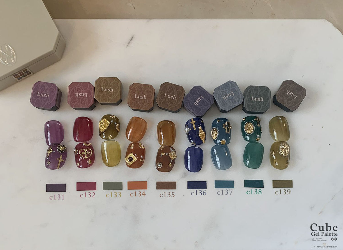 Nine-color soft gel palette shade chart with plain and decorated swatches