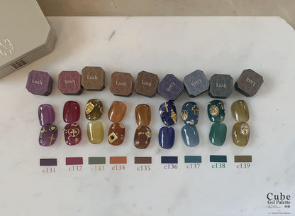 Nine-color soft gel palette shade chart with plain and decorated swatches