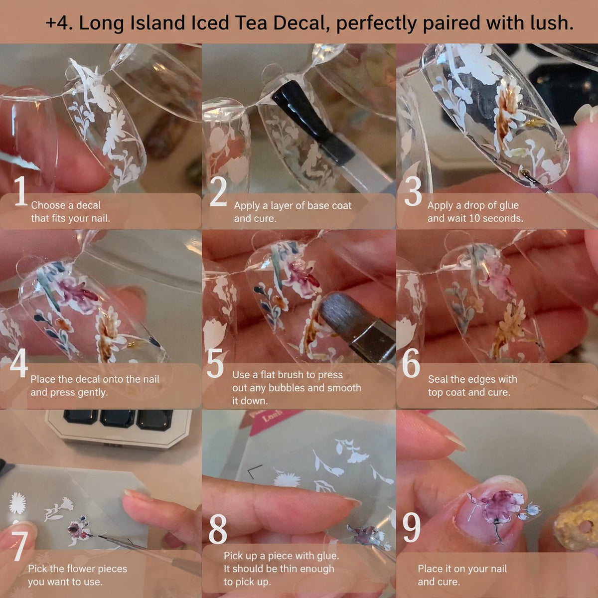 Floral nail art application steps using a brush on clear tips