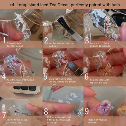 Floral nail art application steps using a brush on clear tips