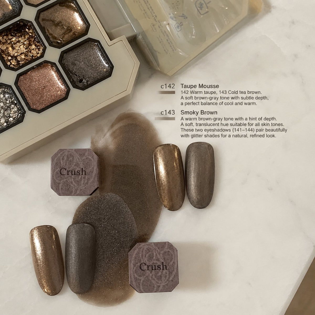 Taupe and brown shimmer nail color gel shade chart with multiple swatches