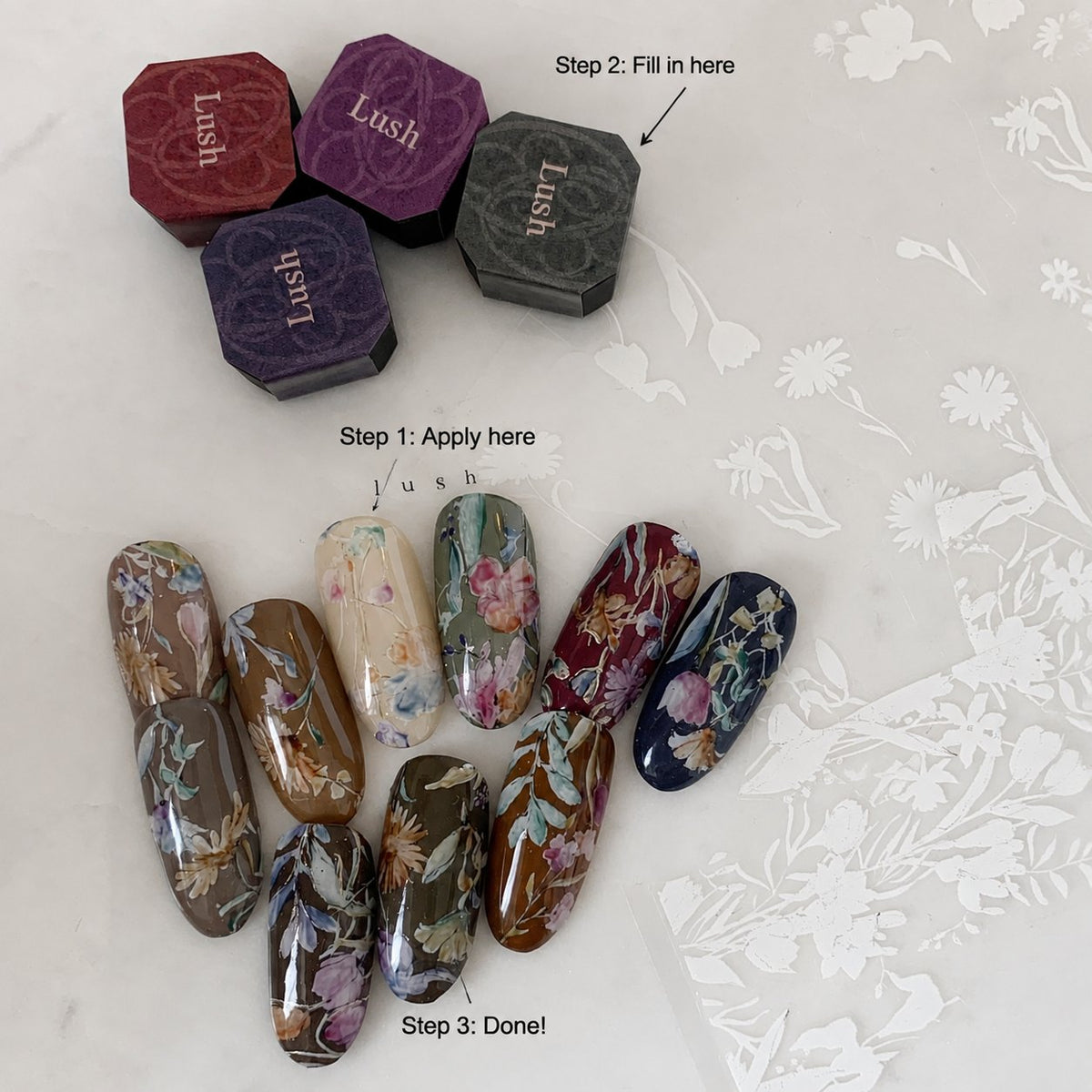 Floral nail art transfer instructions with finished sample tips