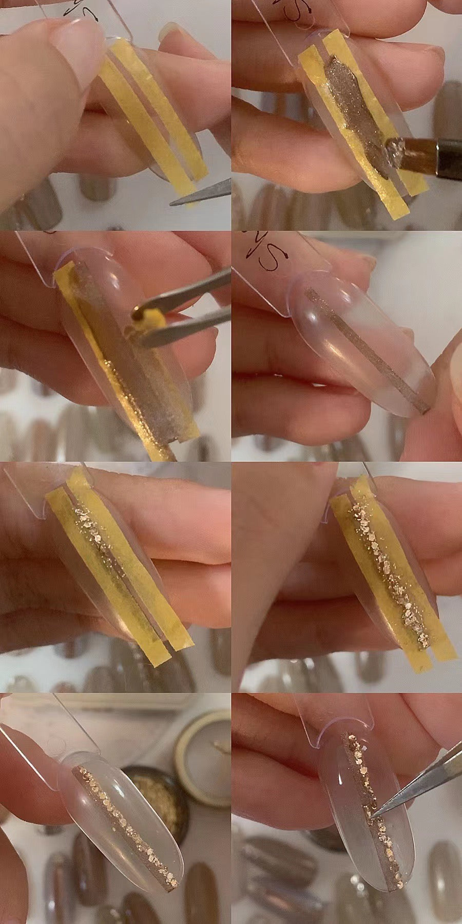 Gel glitter application tutorial using tape, brush, and tweezers
