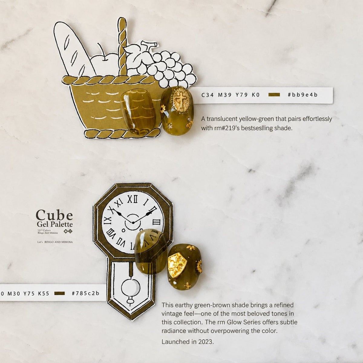 Olive-brown soft gel swatches with gold accents beside basket artwork