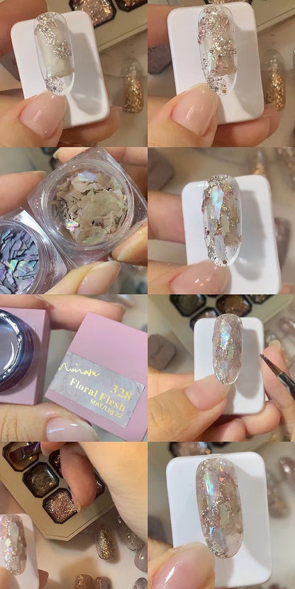 Foil-flake gel nail art tutorial with a featured clear nail tip
