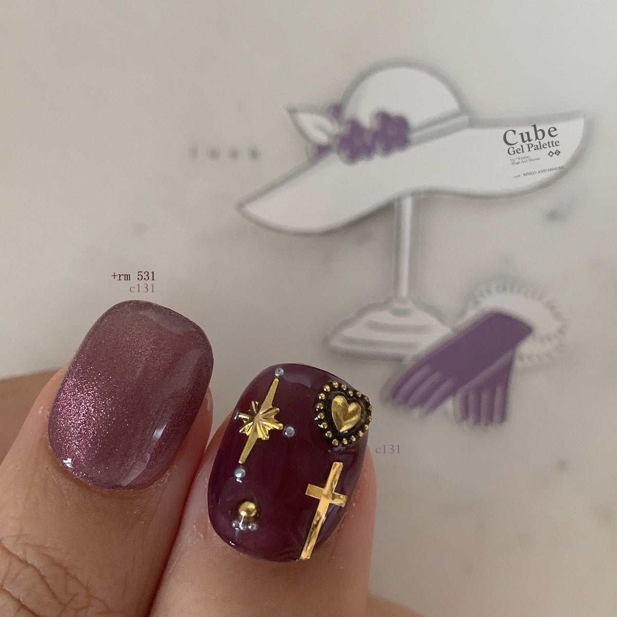 Five-color soft gel swatch chart with brown, olive, bronze, and purple tones