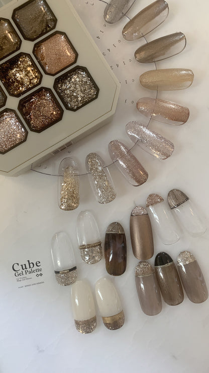 Gel palette shade display with neutral and metallic nail-tip designs