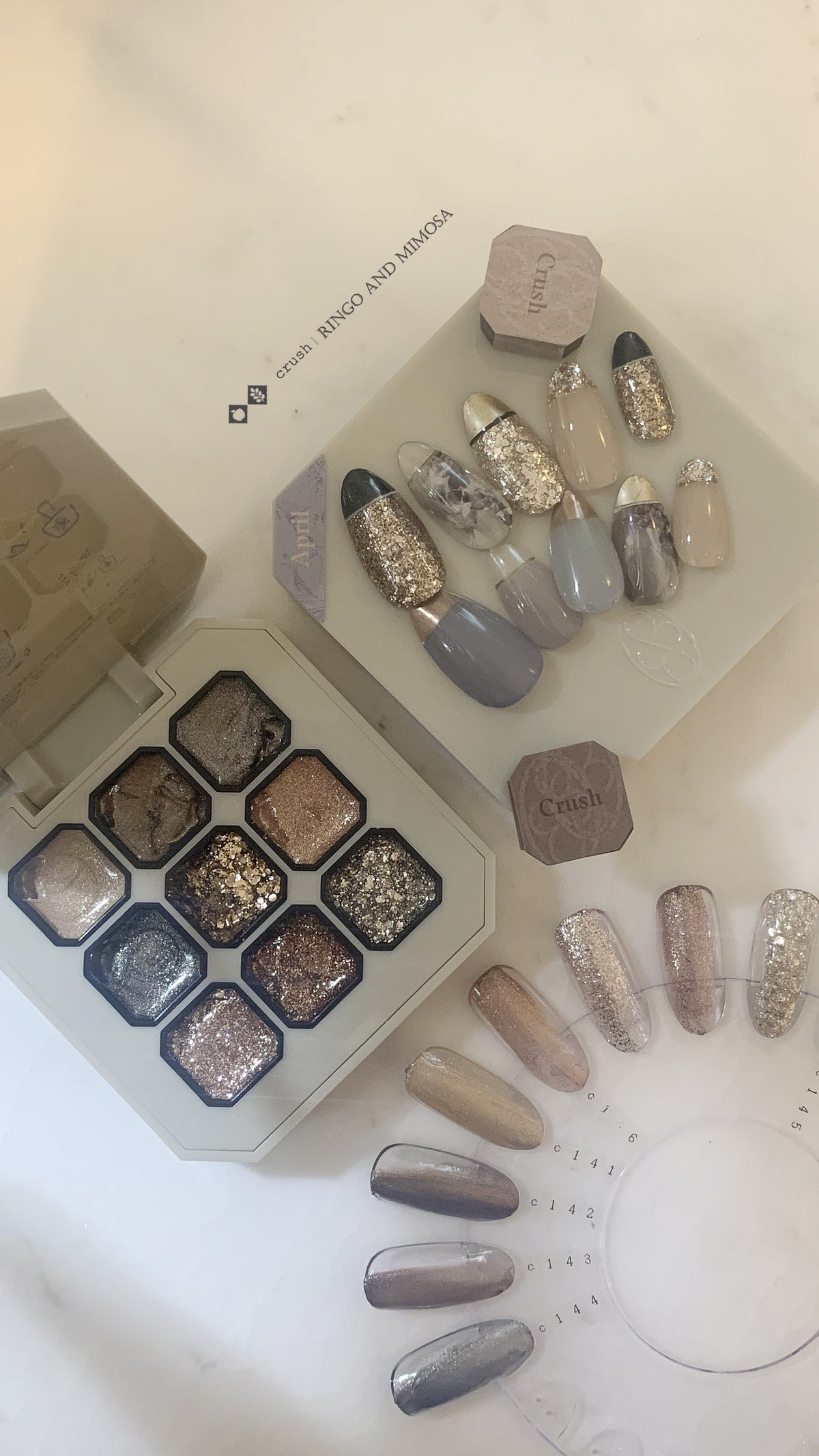 Nine-shade gel palette with mixed neutral nail-tip designs