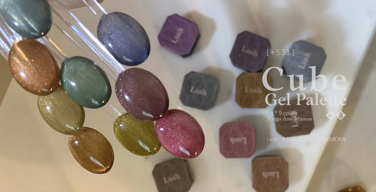 Nine-color soft gel swatch display with matching palette pans