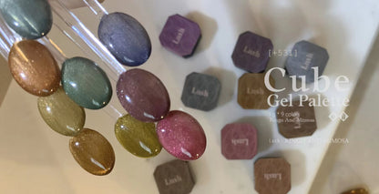 Nine-color soft gel swatch display with matching palette pans