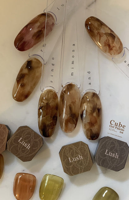 Brown marbled soft gel swatches with hexagonal labeled pieces