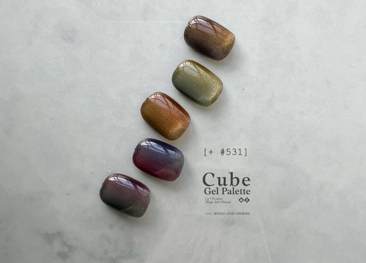 Diagonal five-color soft gel swatches beside Cube Gel Palette branding
