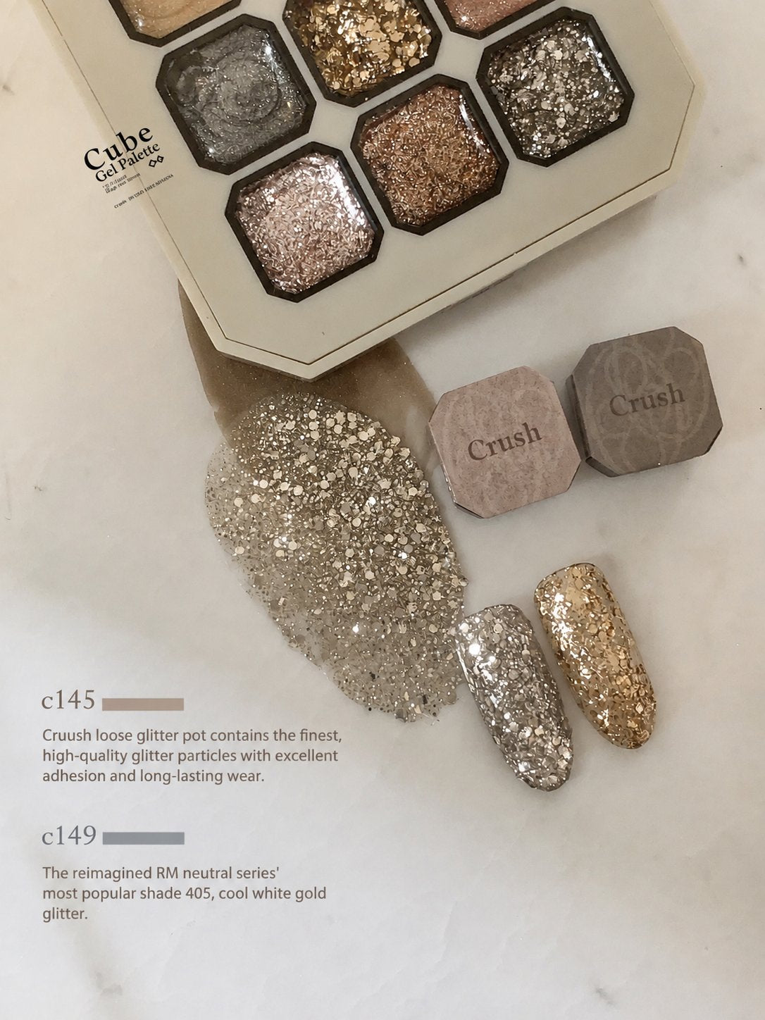 Silver and gold chunky-glitter nail color gel shade chart