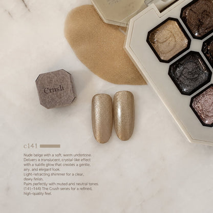 Warm champagne-gold nail color gel shade chart with two shimmer swatches