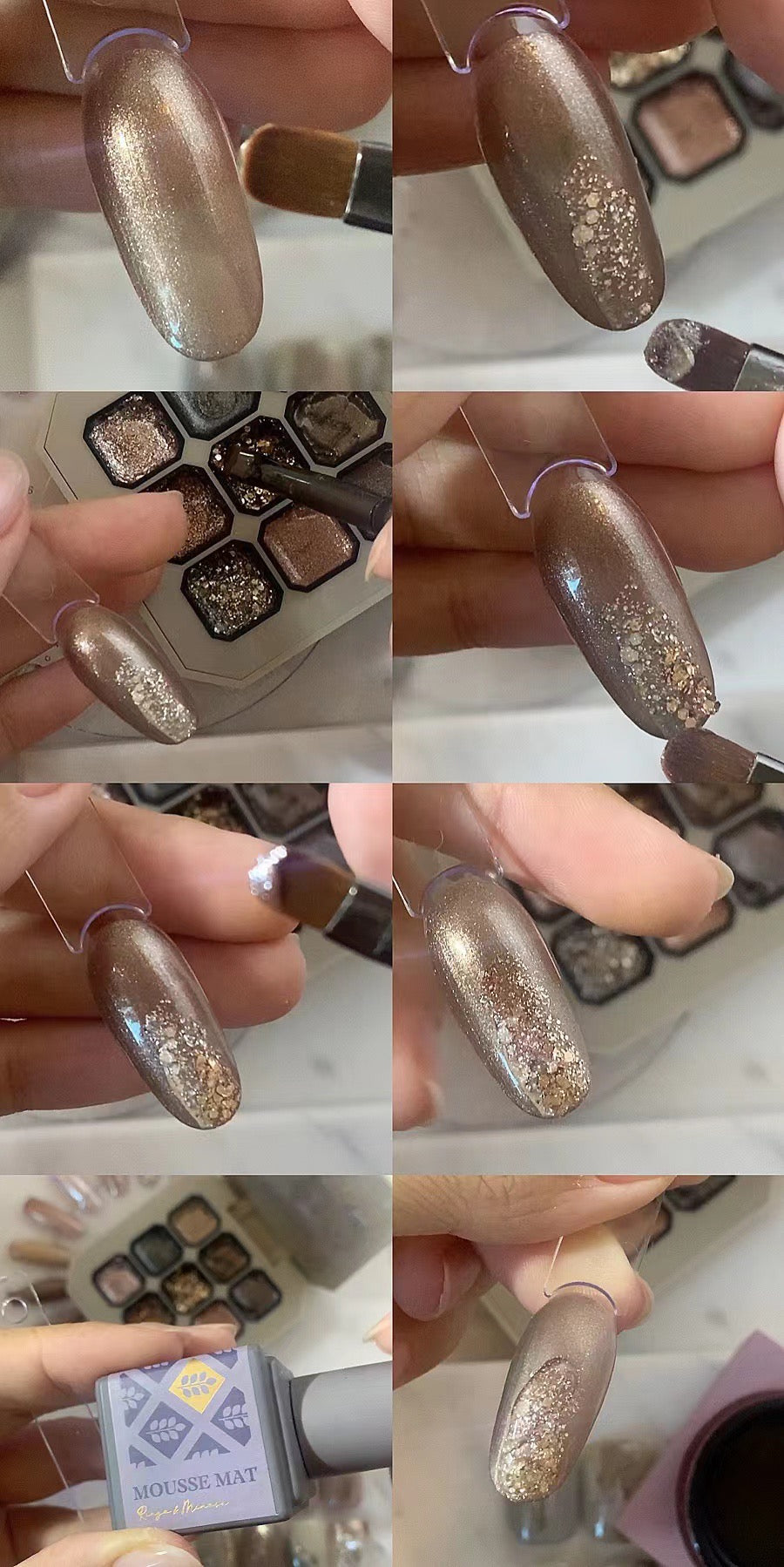 Gel glitter application tutorial on a champagne shimmer nail tip