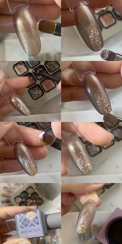 Gel glitter application tutorial on a champagne shimmer nail tip