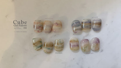 Soft gel palette shade chart with muted marbled swatch groups