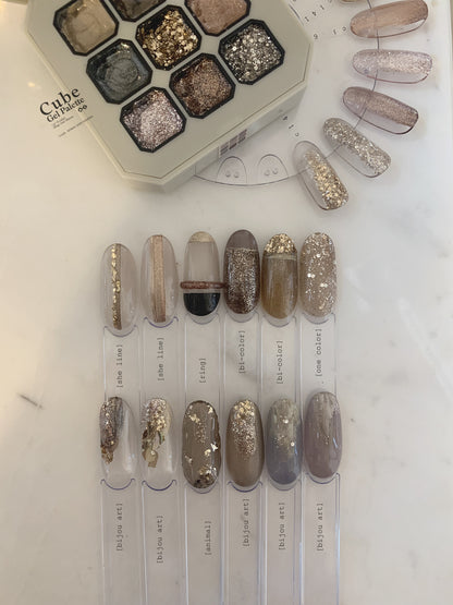Gel palette shade chart with labeled neutral and glitter nail tips