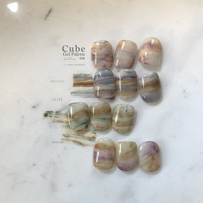 Soft gel palette shade chart comparing four marbled color groups