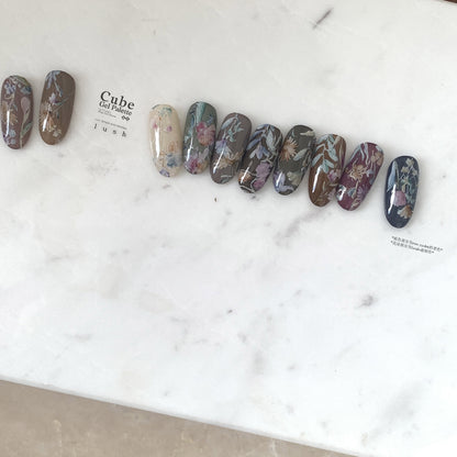 Floral soft gel swatches arranged in a horizontal strip