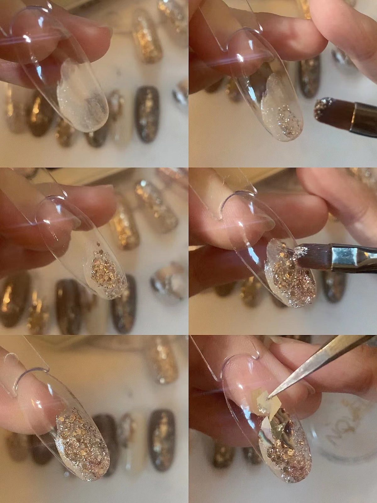 Gel glitter and foil placement tutorial on a clear nail tip