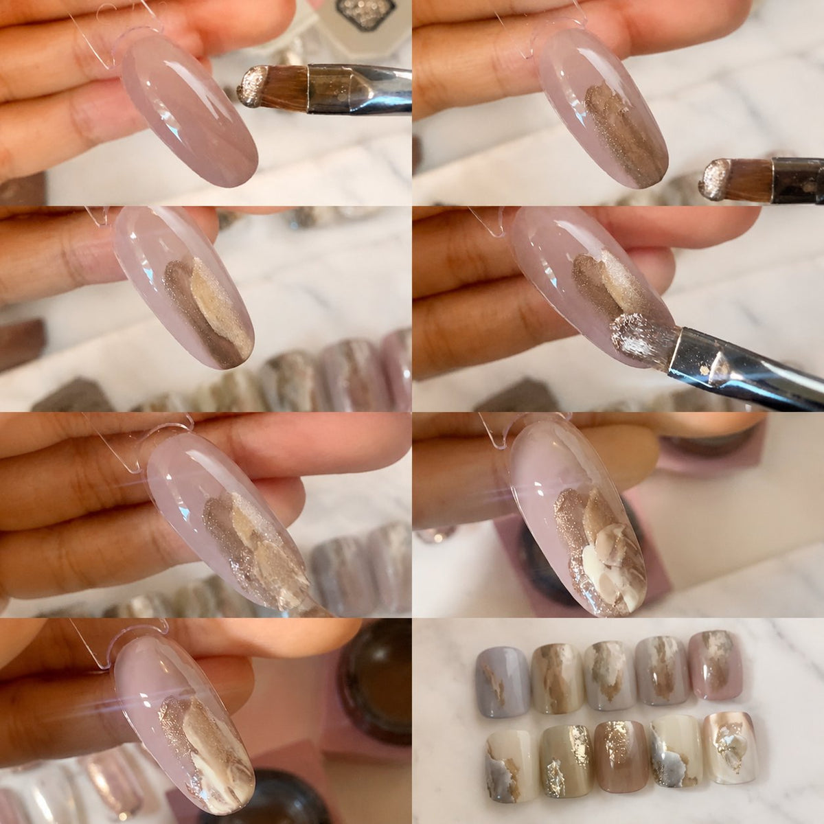 Gel glitter and foil nail art application collage